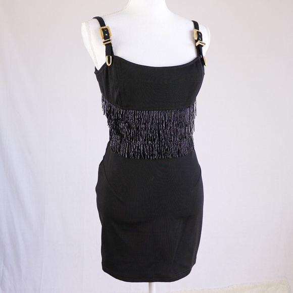 Vintage Dresses & Skirts - Vintage 80s 90s Black Beaded Fringe Bodycon Mini M